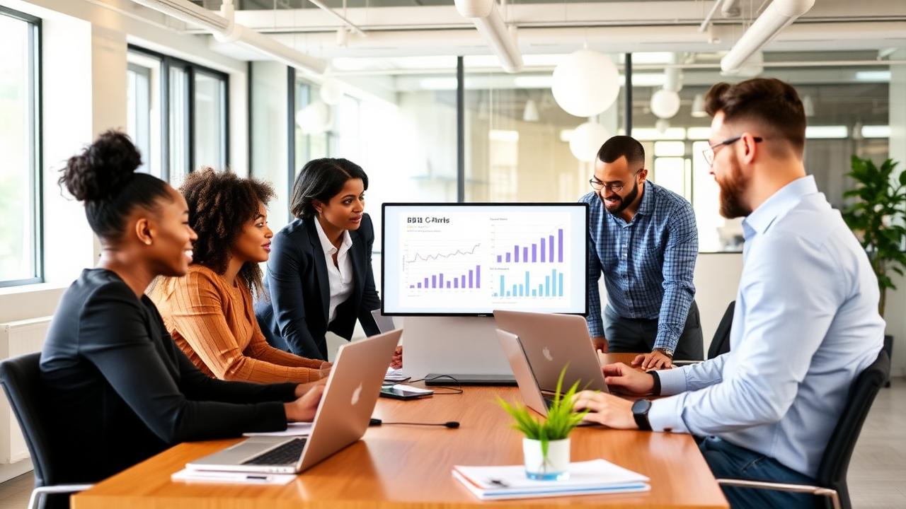 Equipo remoto de outsourcing colaborando en oficina moderna para escalar empresa