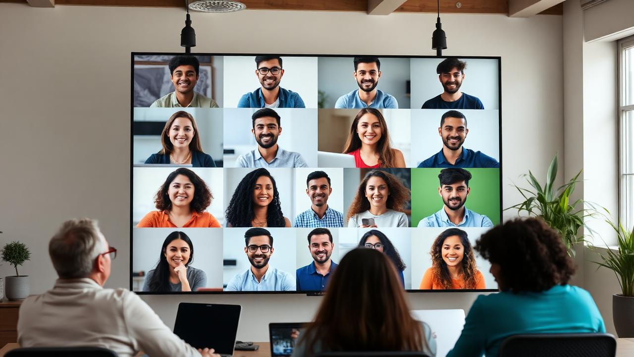 Equipo multicultural remoto en videollamada para outsourcing global de talento