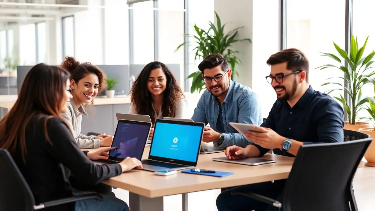 Equipo reunido alrededor de una mesa con portátiles, revisando el trabajo
